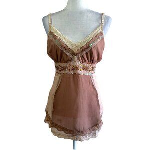 Pretty Angel Fairy Tan Brown Earth Bejeweled Whimsy Lace Tank Top